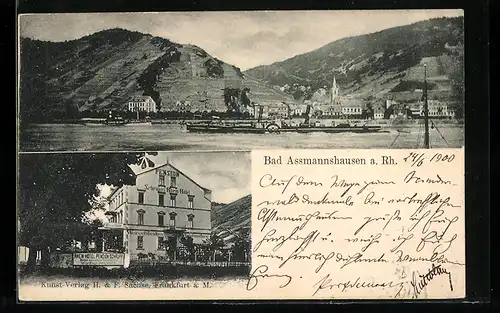AK Bad Assmannshausen a. Rh., Pension Schrupps Rhein-Hotel, Uferpartie mit Dampfer