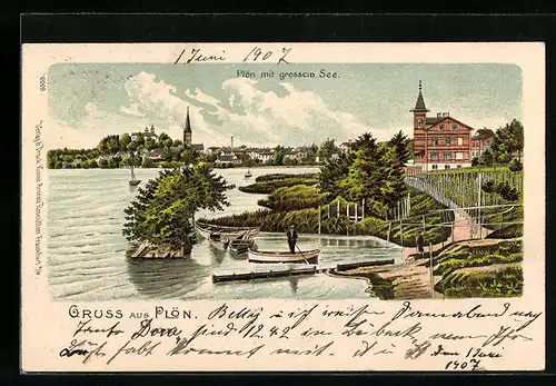 Lithographie Plön, Ortsansicht mit dem grossen See