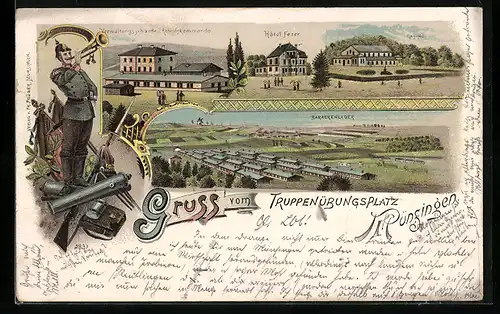 Lithographie Münsingen, Truppenübungsplatz, Hotel Fezer, Verwaltungsgebäude und Arbeitskommando