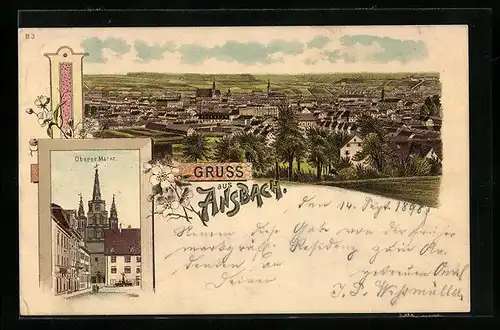 Lithographie Ansbach, Panorama und Oberer Markt