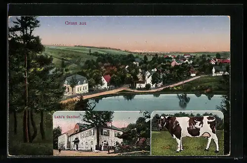 AK St. Egidien, Lahl`s Gasthof Kuhschnappel, Teilansicht, Kuh auf der Weide