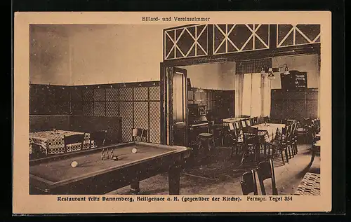 AK Berlin-Heiligensee a. H., Restaurant Fritz Dannenberg, Billard-und Vereinszimmer, Innenansicht