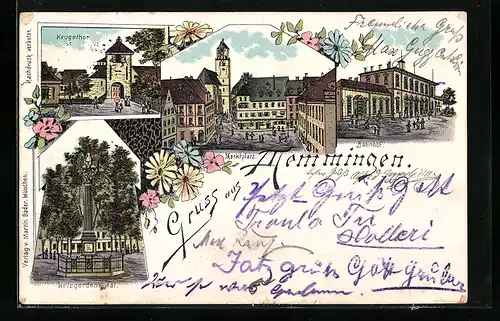 Lithographie Memmingen, Bahnhof, Kriegerdenkmal, Krugstor