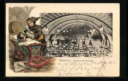 Passepartout-Lithographie München, Mathäserbräu-Festsaal, Innenansicht, Münchner Kindl bei Kind an der Wiege