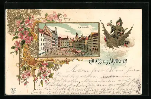 Lithographie München, Marienplatz mit Denkmal, Münchner Kindl mit Bierkrug