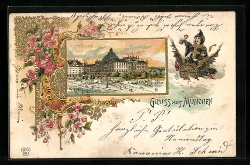 Lithographie München, Justiz-Palast, Münchner Kindl auf Fass mit Flügeln
