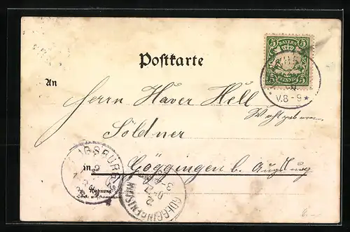 Lithographie München, Justiz-Palast, Münchner Kindl auf Fass mit Flügeln