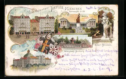 Lithographie München, Hotel-Restaurant Trefler, Sonnenstrasse 21-23, Wittelsbach-Brunnen, Buberl-Brunnen