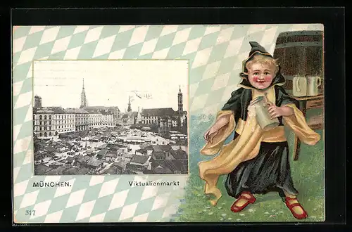 AK München, Viktualienmarkt, Münchner Kindl mit Bierkrug, Passepartout