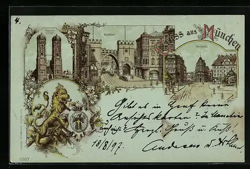 Lithographie München, Frauenkirche, Karlstor, Karlsplatz