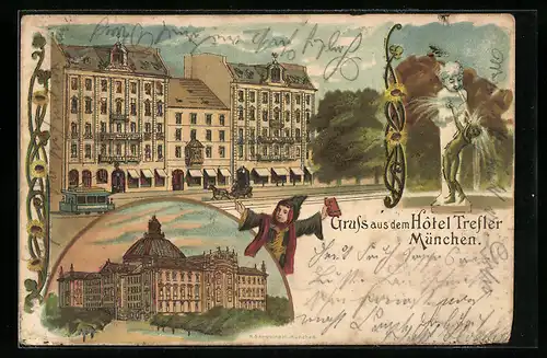 Lithographie München, Hotel Trefler mit Strassenbahn, Gebäudeansicht, Brunnen