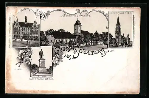 Lithographie Schöneberg bei Berlin, Alte Dorfkirche und Pfarrhaus, Rathaus, Apostel Paulus-Kirche