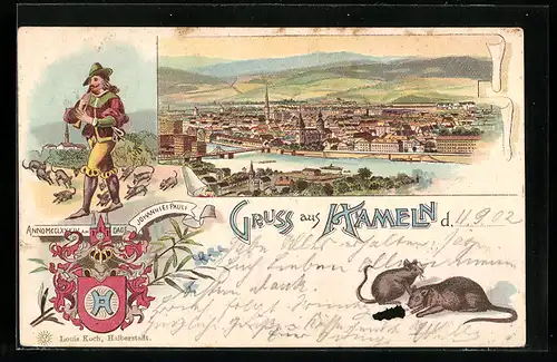 Lithographie Hameln, Teilansicht, Rattenfänger von Hameln, Wappen