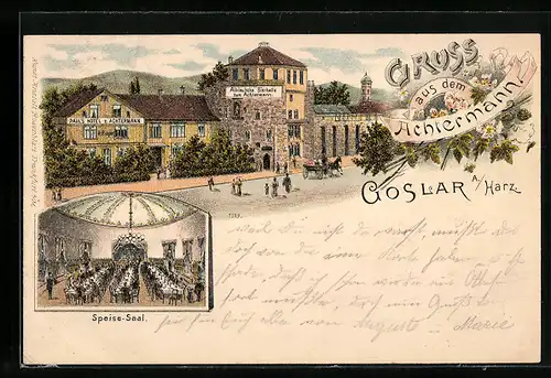 Lithographie Goslar a. / Harz, Gasthaus Altdeutsche Bierhalle zum Achtermann, Speise-Saal, Aussenansicht