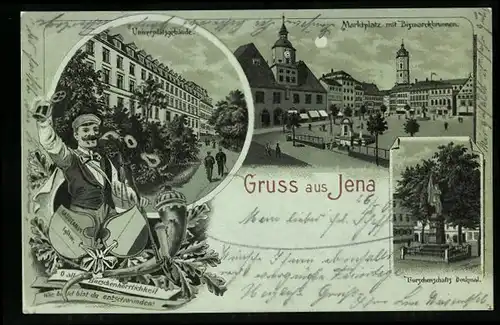 Lithographie Jena, Marktplatz mit Bismarckbrunnen, Universitätsgebäude, Burschenschafts-Denkmal