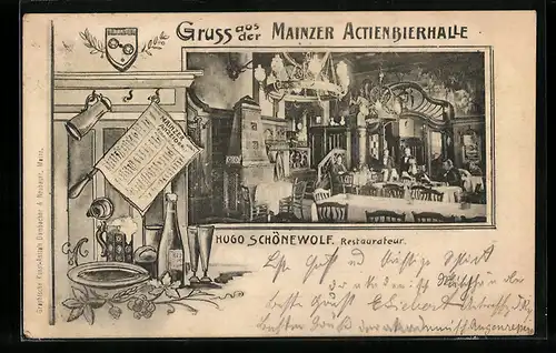 AK Mainz, Gasthaus Mainzer Actienbierhalle, Innenansicht