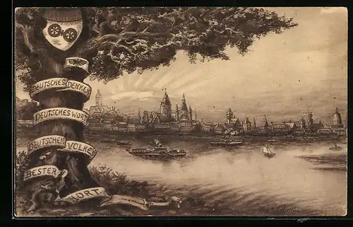 Künstler-AK Mainz, Allgemeiner Deutscher Sprach-Verein, Teilansicht mit Baum und Dampfer