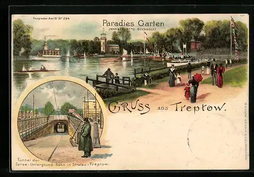 Lithographie Berlin-Treptow, Tunnel der Spree-Untergrund-Bahn, Ortspartie