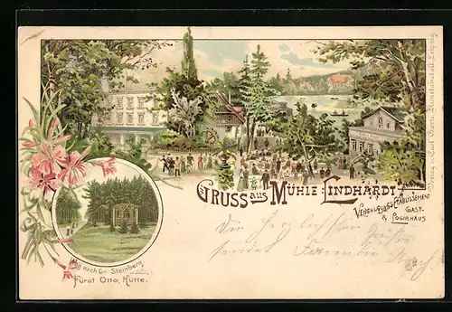 Lithographie Naunhof, Gasthaus Mühle-Lindhardt, Weg nach Gr. Steinberg