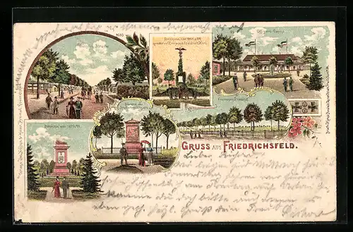 Lithographie Friedrichsfeld, Denkmal 1870 /71, Wilhelm-Strasse, Franzosen-Friedhof, Offiziers-Casino