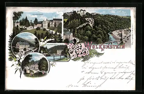 Lithographie Wolkenstein, Gasthaus Waldmühle, Hüttenmühle, Warmbad