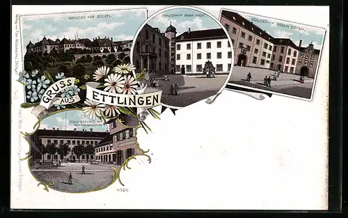 Lithographie Ettlingen, Schloss von Süden, Schlosshof und -platz