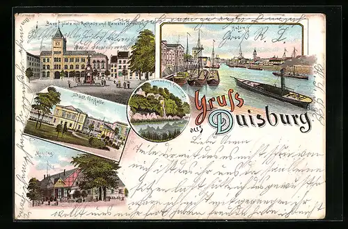 Lithographie Duisburg, Burgplatz mit Rathaus, Städt. Tonhalle, Hafen, Monning, Dampfer