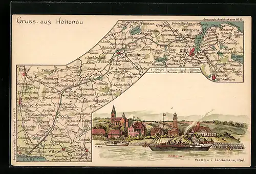 Lithographie Holtenau, Ortsansicht mit Schiffen, Landkarte