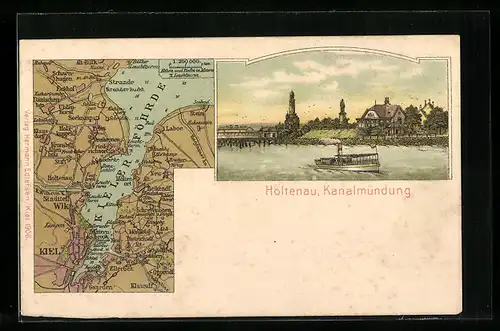 Künstler-AK Holtenau, Partie an der Kanalmündung, Karte der Kieler Föhrde