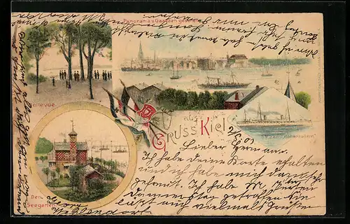 Lithographie Kiel, Panorama von Gaarden gesehen, Bellevue, Seegarten u. Kaiserl. Yacht Hohenzollern, Bahnpoststempel