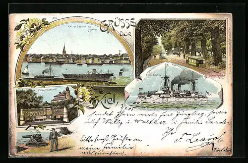 Lithographie Kiel, S.M.S. Brandenburg, Krieger-Denkmal und die Stadt von Gaarden aus gesehen
