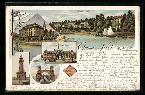 Lithographie Kiel, Düsternbrook, Schloss, Bismarck Denkmal, Levensauer Hochbrücke