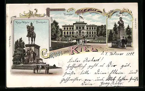 Lithographie Kiel, Universität, Löwe-Denkmal und Kaiser WIlhelm-Denkmal