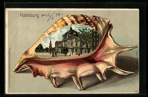 Passepartout-Lithographie Hamburg-St.Georg, Deutsches Schauspielerhaus, Sicht durch eine Muschel