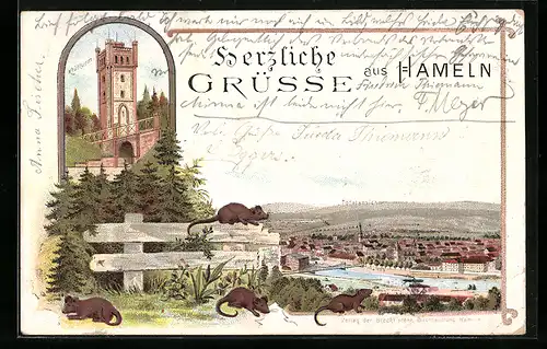 Lithographie Hameln, Klütturm, Ortsansicht, Ratten