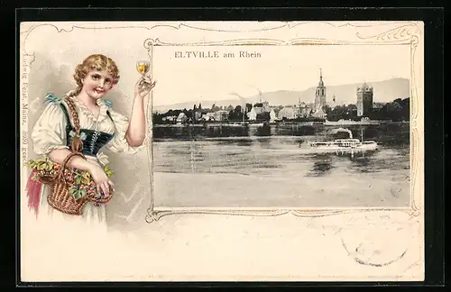 AK Eltville am Rhein, Ortsansicht mit Dampfer, Frau mit Weinglas