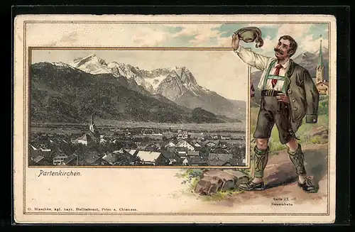 Passepartout-Lithographie Partenkirchen, Ortsansicht gegen die Berge, Bayer in Tracht