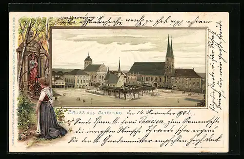 Passepartout-Lithographie Altötting, Markt aus der Vogelschau, Andacht am Wege