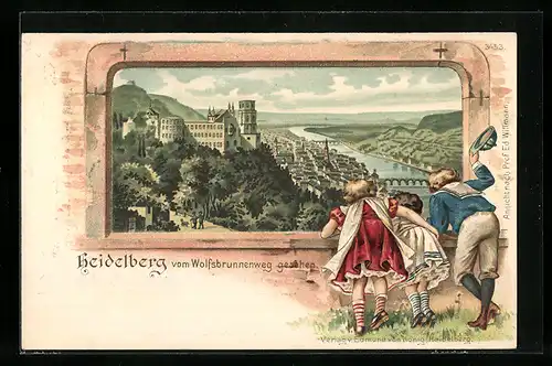 Lithographie Heidelberg, Ortsansicht vom Wolfsbrunnenweg gesehen
