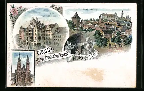 Lithographie Nürnberg, Hotel Deutscher Kaiser, Haller Thor und Burg