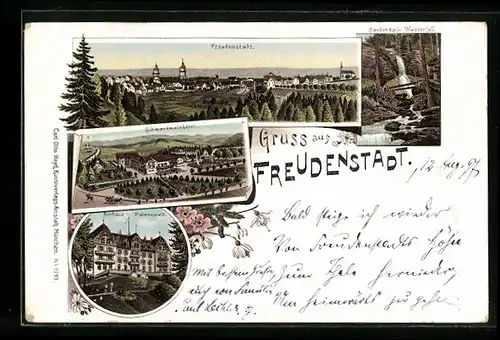 Lithographie Freudenstadt, Schwarzwaldhotel, Kurhaus Palmenwald, Sankenbach Wasserfall