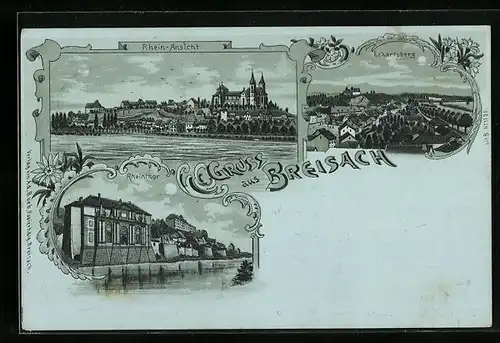 Mondschein-Lithographie Breisach, Rhein-Ansicht, Eckartsberg, Rheinthor