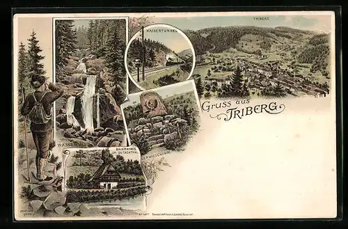 Lithographie Triberg, Bauernhaus, Wasserfall, Kaisertunnel, Gerwigdenkmal