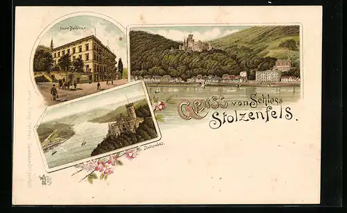 Lithographie Stolzenfels, Hotel Bellevue und Schloss Stolzenfels