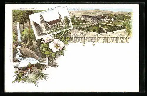 Lithographie Freudenstadt, Partie mit Schwarzwaldhotel, Sankenbach-Wasserfall & Mühle im Christofsthal