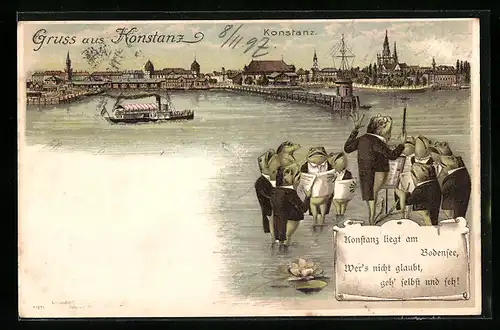 Lithographie Konstanz, Ortsansicht mit Hafen und Froschchor