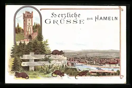 Lithographie Hameln, Klütturm, Panorama und Ratten