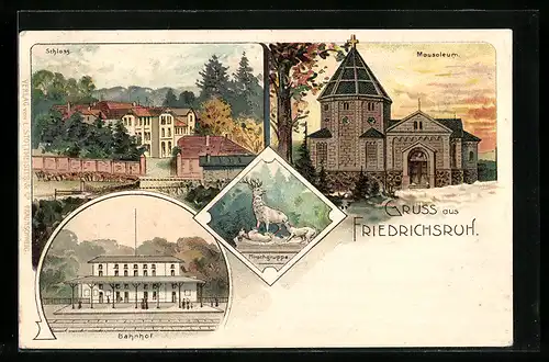 Lithographie Friedrichsruh, Schloss, Mausoleum, Bahnhof