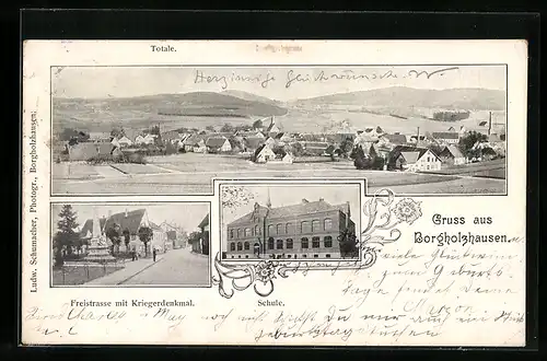 AK Borgholzhausen, Schule, Freistrasse mit Kriegerdenkmal, Totalansicht