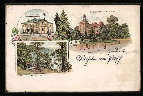 Lithographie Eutin, Bahnhofs-Hotel, Am Ugleisee, Grossherzogl. Schloss